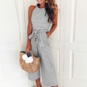 Gray Striped Halter Neck Wide Leg Jumpsuit Romper